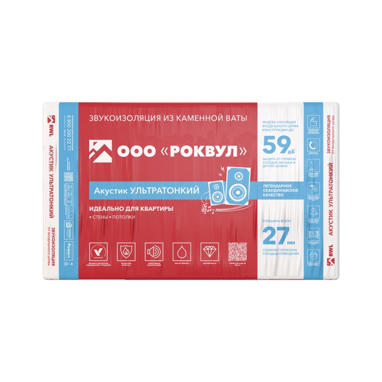 Утеплитель Роквул Акустик Баттс Ультратонкий 1000х600х27 мм, 60 кг/м3, 12 шт. уп